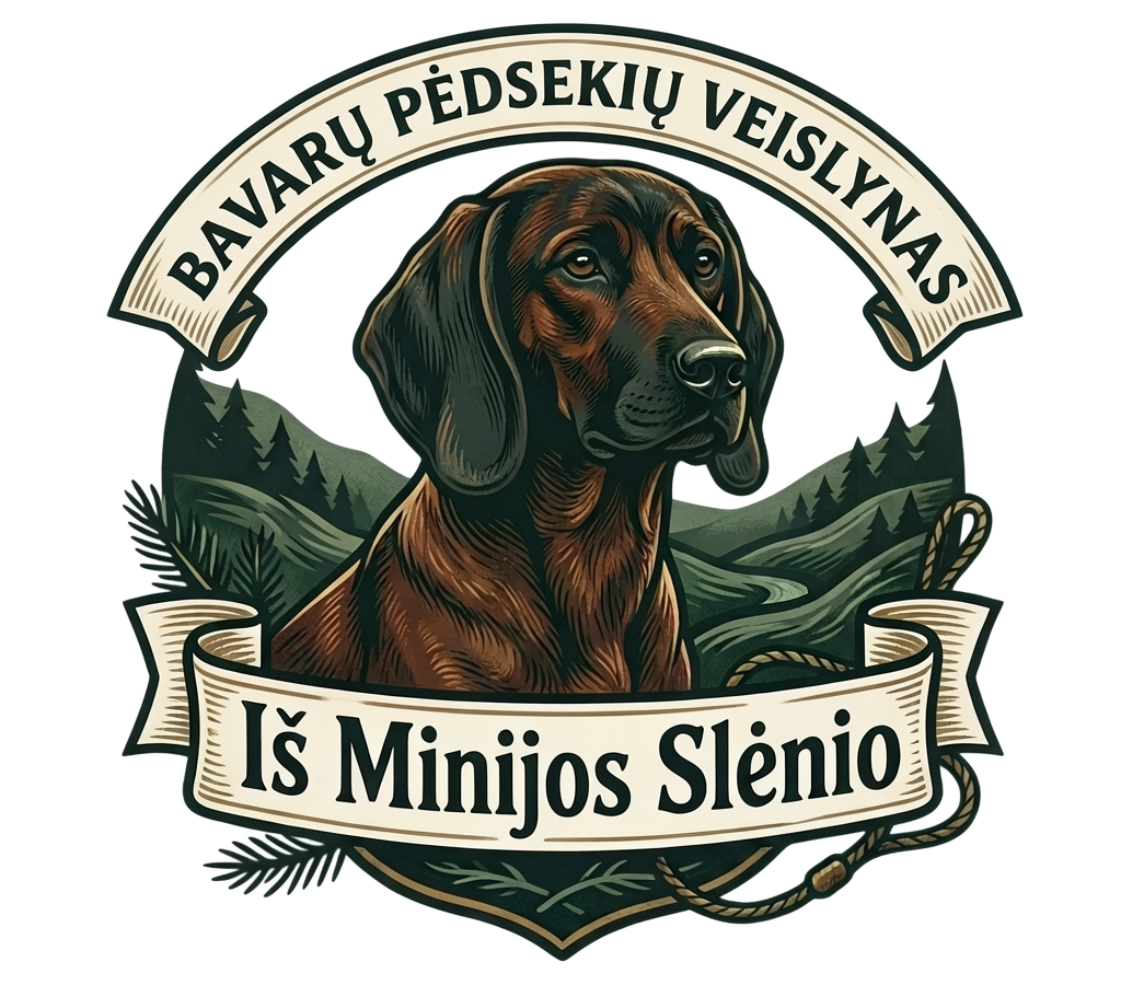 Veislyno „Iš Minijos slėnio" logotipas su bavarų pėdsekiu