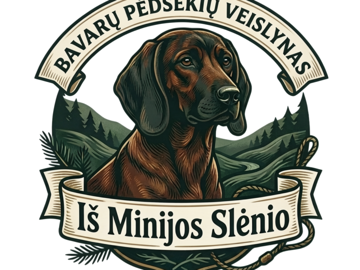 Veislyno „Iš Minijos slėnio" logotipas su bavarų pėdsekiu